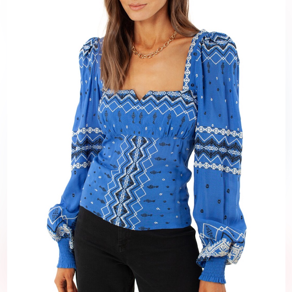 Hale Bob Hassina Embroidery Top In Blue, Size Small